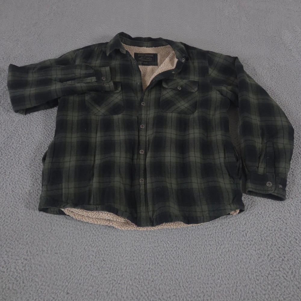 Grizzly Mountain Jacket Mens XL Green Black Plaid Sherpa Lined Cotton Flannel